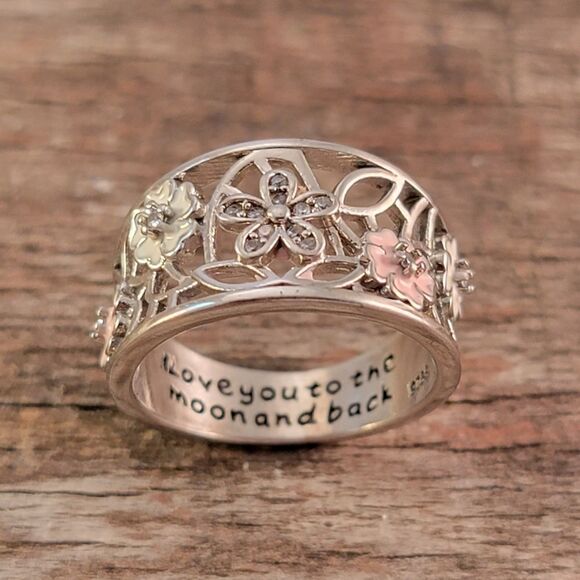 Sterling Openwork CZ Enamel Flowers Ring - Picture 2 of 8